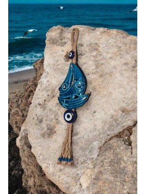 Revard Home Nazar Boncuklu Seramik Yelkenli ve Kuş Figürlü Püsküllü El Yapımı Dekoratif Duvar Süsü 12X42 cm