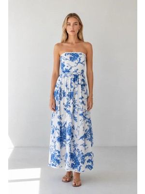 Moda Mavi Desenli Straplez Uzun Elbise