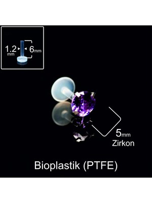 Rupen Kraft Çelik x Mor Zirkon 5mm x 6mm x 1.2mm Bioplastik Labret Piercing