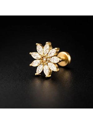 Rupen Kraft 316 L Dokuz Markiz Çiçek Zirkon 6x1.2mm Altın Labret Piercing Tragus Piercing