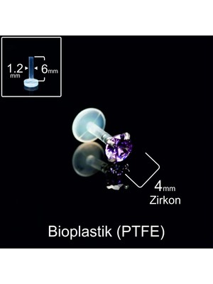 Rupen Kraft Çelik x Mor Zirkon 4mm x 6mm x 1.2mm Bioplastik Labret Piercing