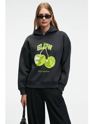 Ethiquet Yanmesa Kadın Oversize Baskı ve Nakış Detaylı Uzun Kollu Kapüşonlu Koyu Antrasit Sweatshirt