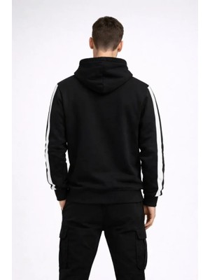 Veraura Lifestyle Erkek Şeritli Kapüşonlu Sweatshirt Oversize 3 Iplik Pamuklu - Siyah