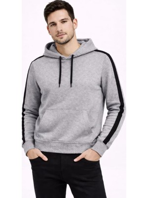 Veraura Lifestyle Erkek Şeritli Kapüşonlu Sweatshirt Oversize 3 Iplik Pamuklu - Gri