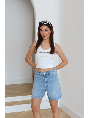 Moda Days Kadın Lıght Blue Denim Şort Yüksek Bel Beş Cepli Düz Kesim Bermuda Modeli
