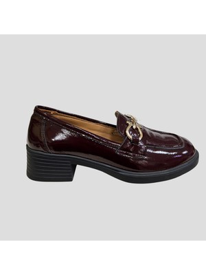 Myfit Shoes 041 Kadın Hakiki Deri Aksesuarlı Kısa Topuk Ayakkabı Bordo Rugan