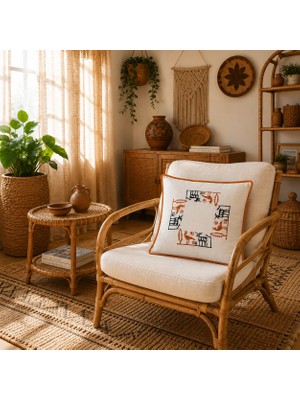 Ödel Buldan Naturel&Hardal-Biyeli, Etnik Desen,Taş Baskılı Dekoratif Kırlent Kılıfı 40x40 cm