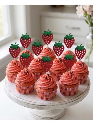 Hediyebigi Çilek Simli Cupcake Kürdanı Doğum Günü Parti ve Pasta Süsü 10 Lu 5cm
