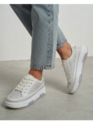 Kadın Sneaker 4 cm Taban Bağcıklı  Taş Işlemeli Kotnel Keten Spor Ayakkabı