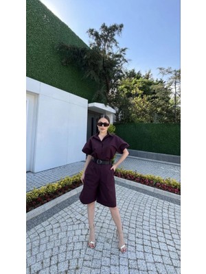 Veraura Lifestyle Yakalı Gömlek Kemerli Şortlu Takım - Bordo