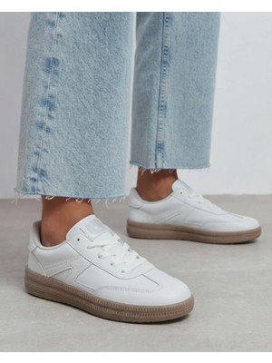 Kadın Kauçuk Taban Deri ve Süet Görünümlü Bağcıklı Sneaker Spor Ayakkabı