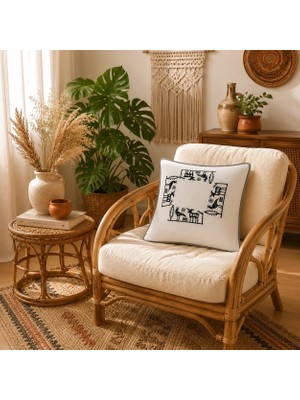 Ödel Buldan Naturel&Antrasit-Biyeli, Etnik Desen,Taş Baskılı Dekoratif Kırlent Kılıfı 40x40 cm