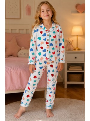 Beniizle Kız Çocuk Kalp Desenli Uzun Kollu Pijama Takımı Düğmeli Üst Alt 2’li Ev Giyim Seti