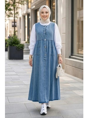 Harma Time Butik Kadın Düğmeli Cepli Kot Mavi  Jile
