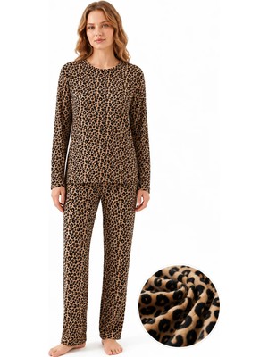 Sleeproom Kadın Süet Mevsimlik Leopar Desen Pijama Takımı