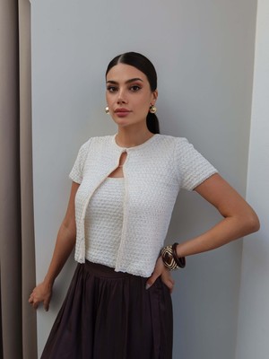 Esra Helvacı Pullu Triko Crop Hırka Takım