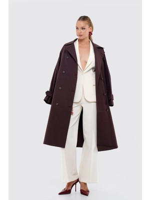 Kadın Koyu Bordo Pileli Oversize Trençkot