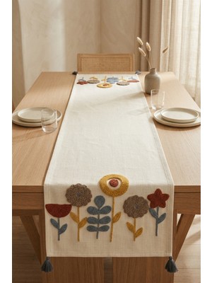 Dokuvia Botanik Rüya Renkli Punch Nakışlı Püsküllü Pamuk Runner 40X130 cm