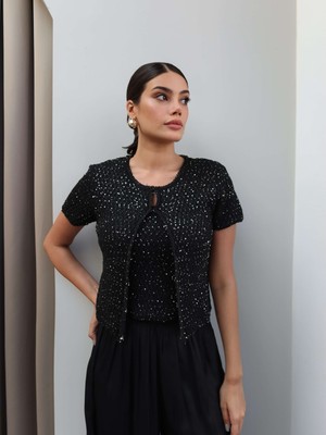 Esra Helvacı Pullu Triko Crop Hırka Takım