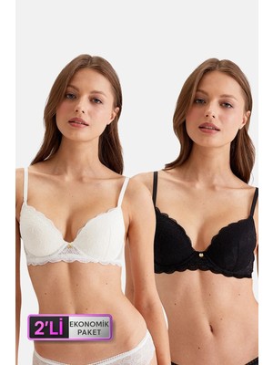 Pierre Cardin 2'li Ekonomik Paket Siyah-Ekru 4731001-2 Rome Balenli Soft Push Up Dantelli Sütyen Set