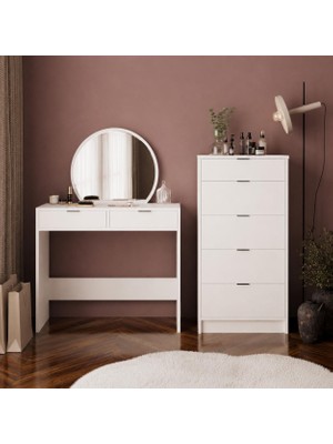 Bimossa T2070 Valeralı Flora Makyaj Masası Seti Beyaz - Oval Aynalı ve Geniş 5 Çekmeceli