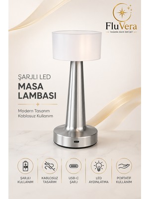 Fluvera Şarjlı Gümüş LED Masa Lambası Kablosuz Dokunmatik Gece Lambası Usb-C Portatif Metal Gövdeli