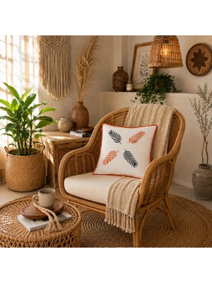 Ödel Buldan Naturel&Kiremit-Biyeli,Yaprak Baskılı Dekoratif Kırlent Kılıfı 40x40 cm
