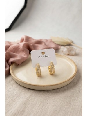 Bucuks Mey Ithalat® Gold Renk Zirkon Taşlı Damla Halka Model Kadın Küpe