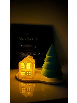 Nadar Studio Kış Evi Tealight Mumluk  3 Parça Ağaç Ev ve Tabanlık / Tealight Hediyeli