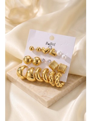 Bucuks Mey Ithalat® Gold Renk Metalik Kaplamalı Karışık Model Detaylı Ccb 9 Çift Küpe Seti