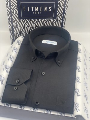 Fitmens Klasik Uzun Kol Pamuklu Yaka Düğmeli Hediye Kutulu Kolay Ütülenebilir Erkek Gömlek FS-003897 - Siyah