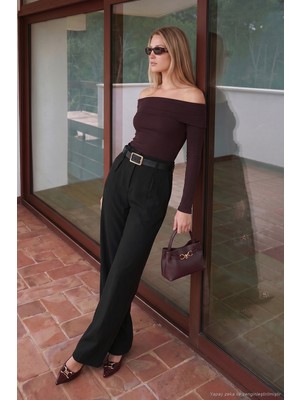 Lela Kemerli Yüksek Bel Bol Paça Pileli Pantolon Kadın Pantolon 6522991