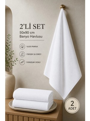 Softtowel 2'li 270GR 50X90 cm Beyaz El Yüz Havlusu Seti %100 Pamuk Yumuşak Dokulu Yüksek Emici Düz Havlu