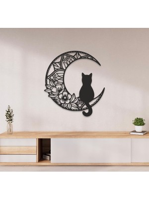 Rokh 🌙 35 cm Dekoratif Ay ve Kedi Duvar Süsü Çiçekli Kedi Figürlü Duvar Dekoru Hediyelik