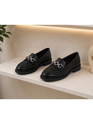 Zenora Shoes Kadın Loafer Makosen Casual Tokalı Günlük Siyah Cilt Ayakkabı