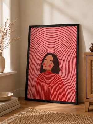 Pegziz Modern Kadın Figürü Tablo | Kırmızı Pembe Çizgili Soyut Kadın Portresi Çerçeveli Poster Duvar Dekoru