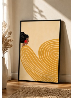 Pegziz Modern Bohem Kadın Figürü Tablo | Hardal Sarısı Soyut Çizgili Çerçeveli Poster Duvar Dekoru