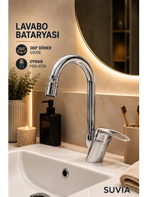 Suvia Lavabo Bataryası 360° Döner Gövde Oynar Perlatör Pirinç Gövde Krom Sıcak Soğuk Su