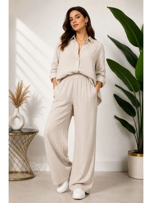Velmora Fashion Kadın Sofya Keten Gömlek Pantolon Alt Üst Takım Uzun Kollu - Krem