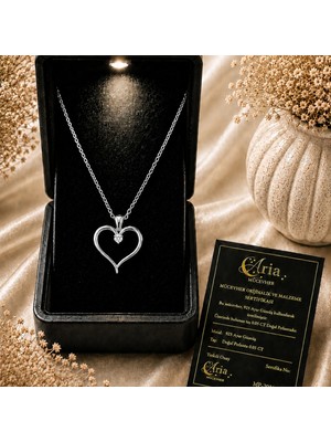 Eva's Jewellery Diamonds Kalp Kolye Gerçek Pırlanta Sertifikalı ve Işıklı Hediye Kutulu, 18 Ayar Altın Kaplama 925 Ayar Gümüş