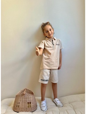 Moda Rüyası Erkek Çocuk Bej Polo Yaka Fermuarlı Tişört ve Keten Şort Ikili Takım