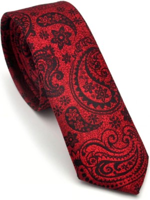 Gaffy Kırmızı Şal Desenli Siyah Dokuma Kumaş Mendilli Slim Fit Kravat  / SDK-230207