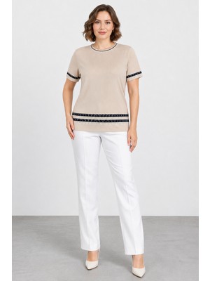 Bihan Store Kadın Sıfır Yaka Kısa Kollu Triko Bluz W27-3079 - Açık Bej