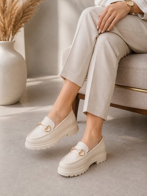 Zenora Shoes Kadın Tokalı Loafer Makosen Bej Kalın Tabanlı Ayakkabı