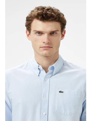 Lacoste Men's Regular Fit Button-Down Collar Organic Cotton Shirt Blue Erkek Düğmeli Yaka Organik Pamuk Gömlek Mavi