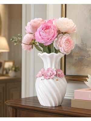 Marys Concept Pembe Gül Kabartmalı Kıvrımlı Porselen Vazo 24 cm