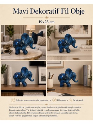 Nixa El Boyaması Mavi Dekoratif Fil Obje 23 cm