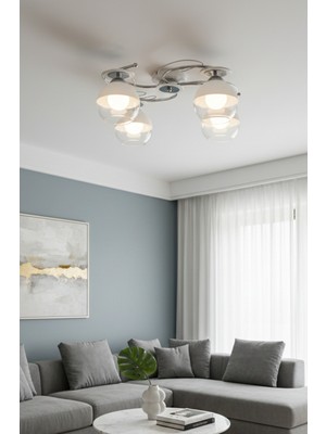Ilay Modern Tasarım Salon Mutfak Oturma Odası Yatak Odası Camlı Krom Beyaz Renk 4 Lü Avize.