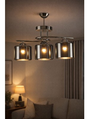 Fuji Modern Tasarım Salon Mutfak Yatak Odası Çocuk Odası Krom Gri Renk Çift Camlı 3 Lü Avize