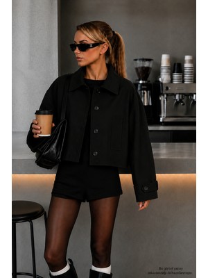 Laykmayk Kadın Oversize Siayh Kısa Trençkot Ceket
